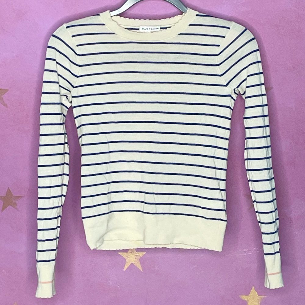 Club Monaco Ivory Cream Navy Striped Scalloped Wool Sweater Small